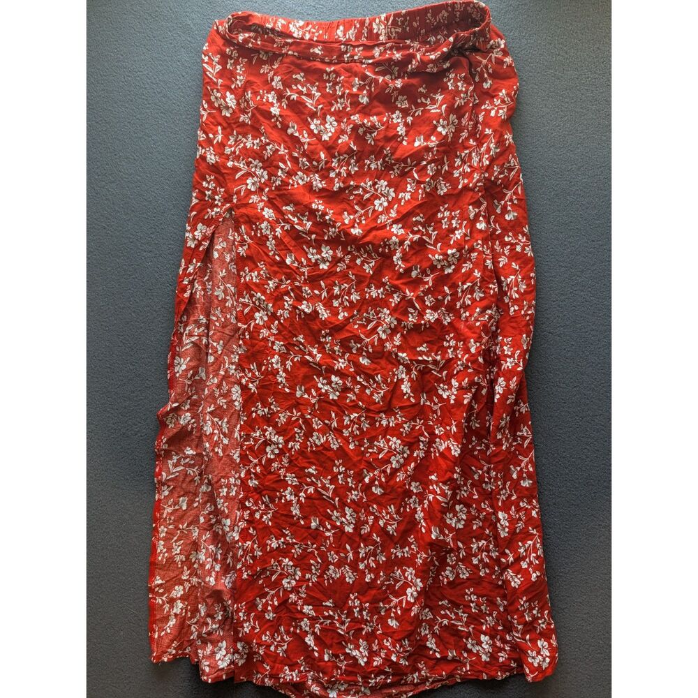 Unbranded Women’s Estimated L Red White Floral Wrap Maxi Skirt Side Slit Boho